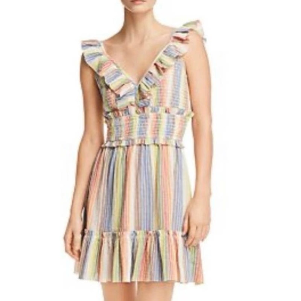 Saylor ANTHROPOLOGIE Sleeveless Rainbow-Stripe Smocked Gauze Mini Dress - Sz M